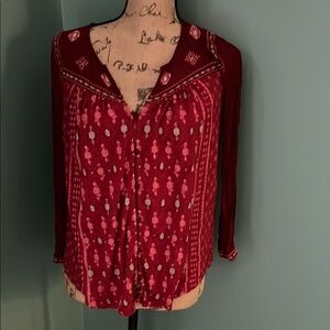 Lucky Brand Red Graphic Tie Front Blouse